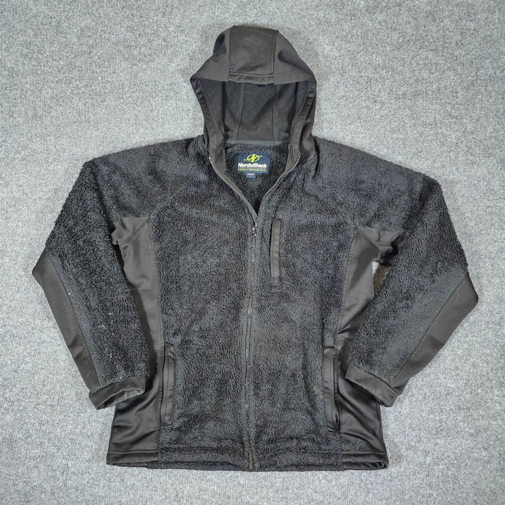 NordicTrack Mens Black Full Zip High Pile Fleece Hooded Jacket Large Activewear